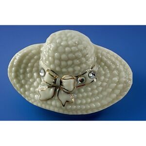 Lenox Fine Porcelain Hat Brooch Ivory 24k Gold Trim Rhinestone Bow Vintage EUC